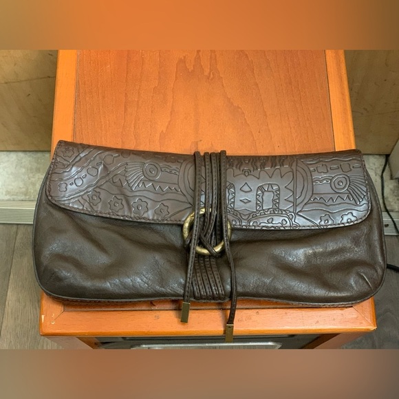 Via Spiga Elegant Brown African Print Leather Clutch